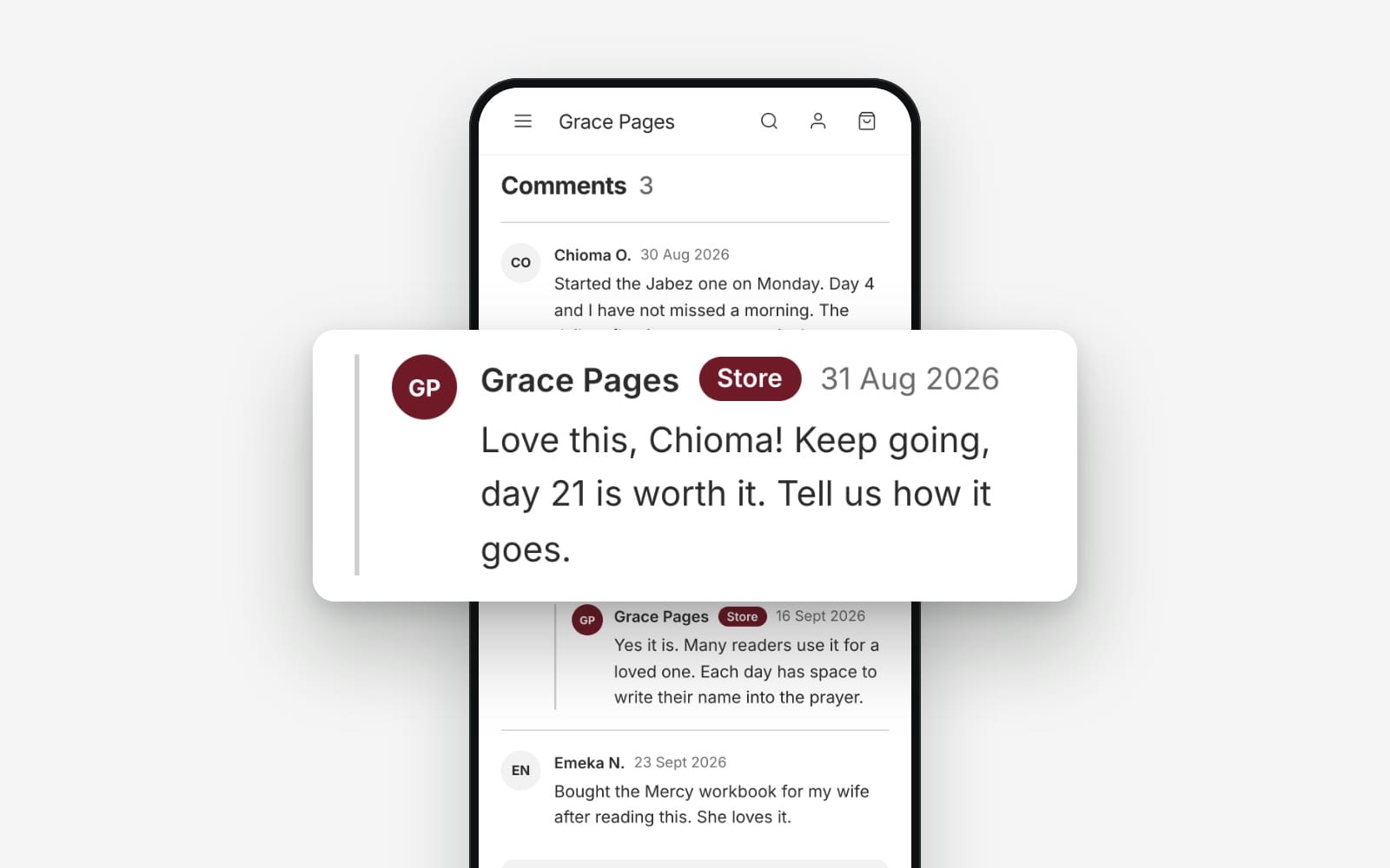 Blog comments on a Bizthom store with a reply from the store