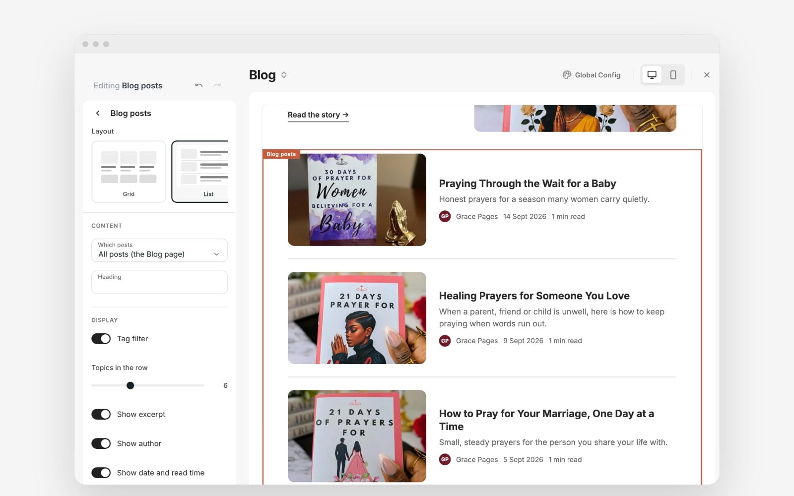 Switching blog layouts in the Bizthom Store Designer