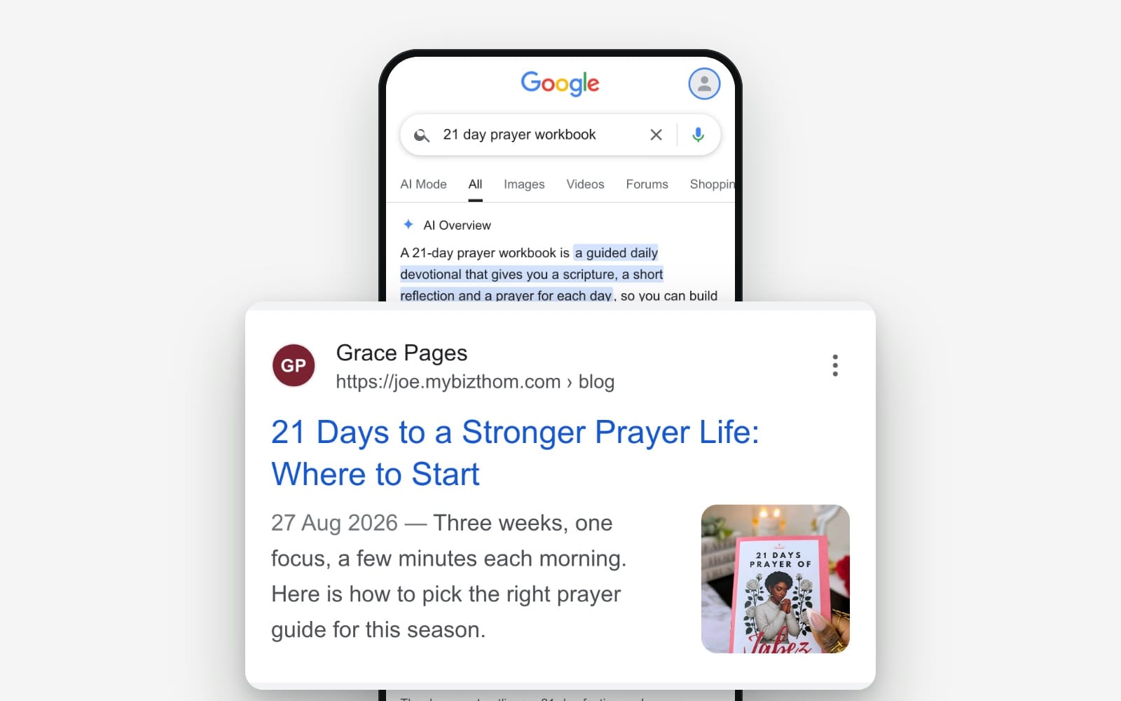 Illustration of a Bizthom blog post showing up in Google search results on a phone