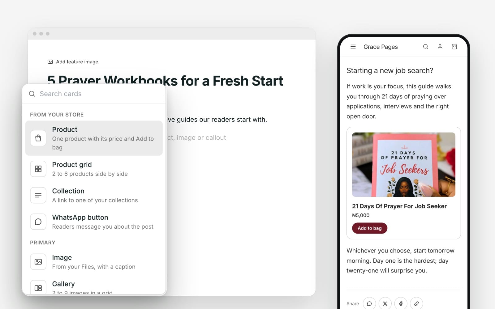 The Bizthom blog editor with the + menu open to add products, and a shoppable blog post with Add to bag