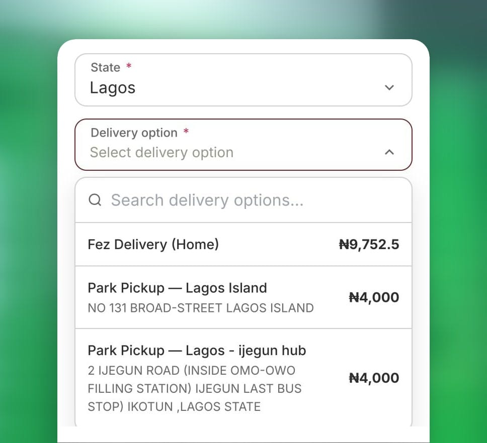 Checkout on a Bizthom website: the buyer picks Lagos and sees Fez Delivery (Home) at Fez's live price, listed first