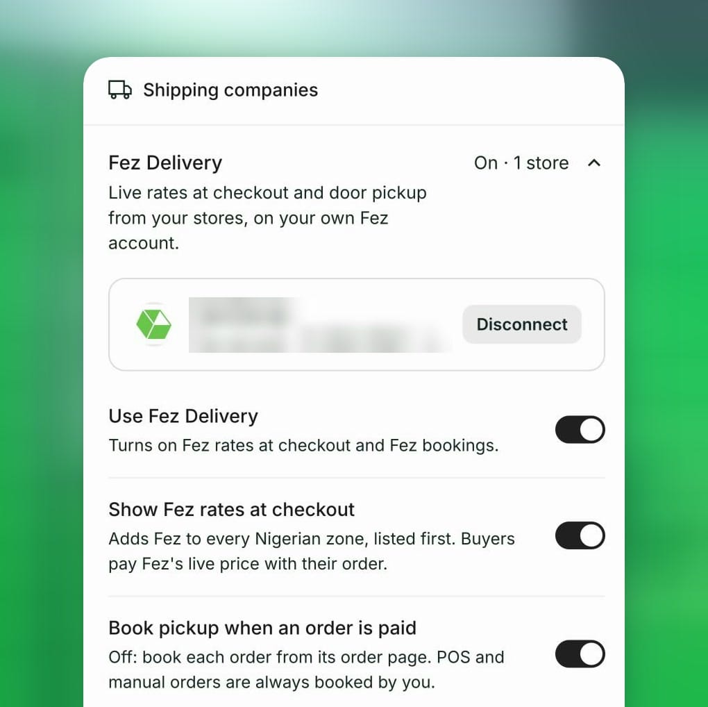 Fez Delivery settings in Bizthom: Use Fez Delivery, Show Fez rates at checkout, and Book pickup when an order is paid