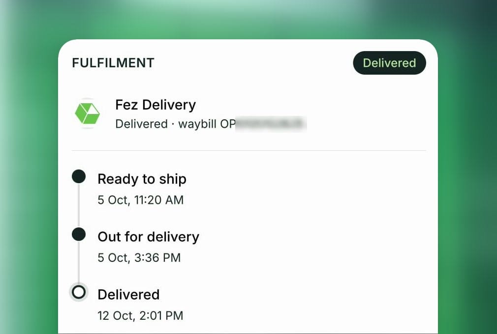 A Bizthom order delivered by Fez: Ready to ship, Out for delivery and Delivered, each updated by Fez