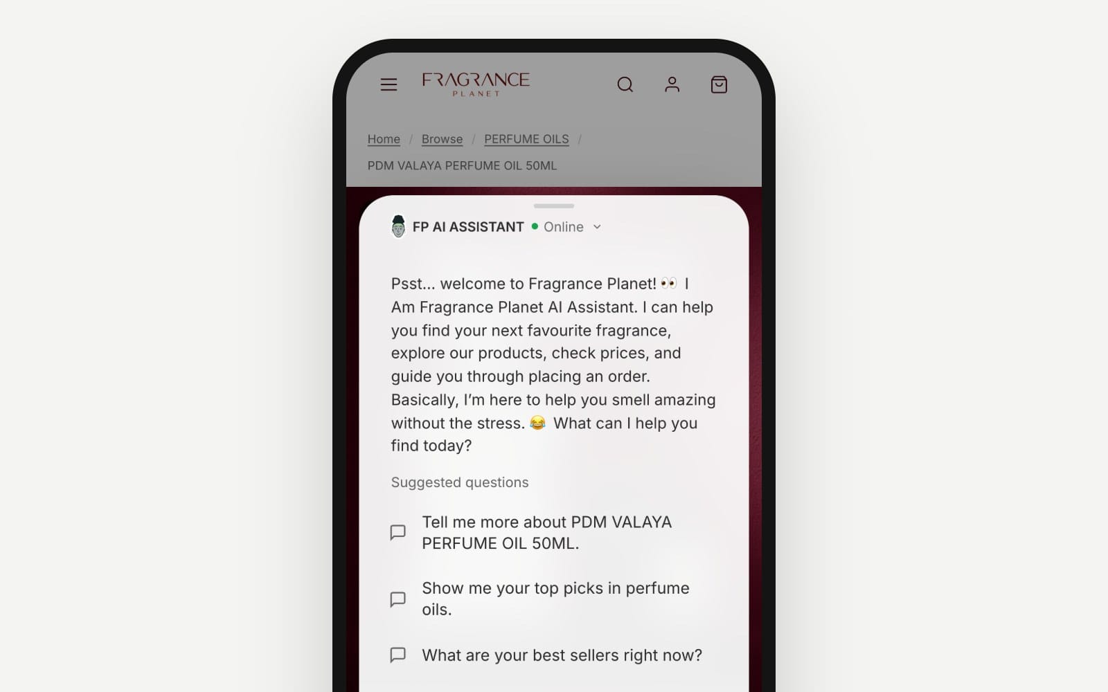 The FP AI Assistant chat open on a Fragrance Planet product page, with a welcome and suggested perfume questions