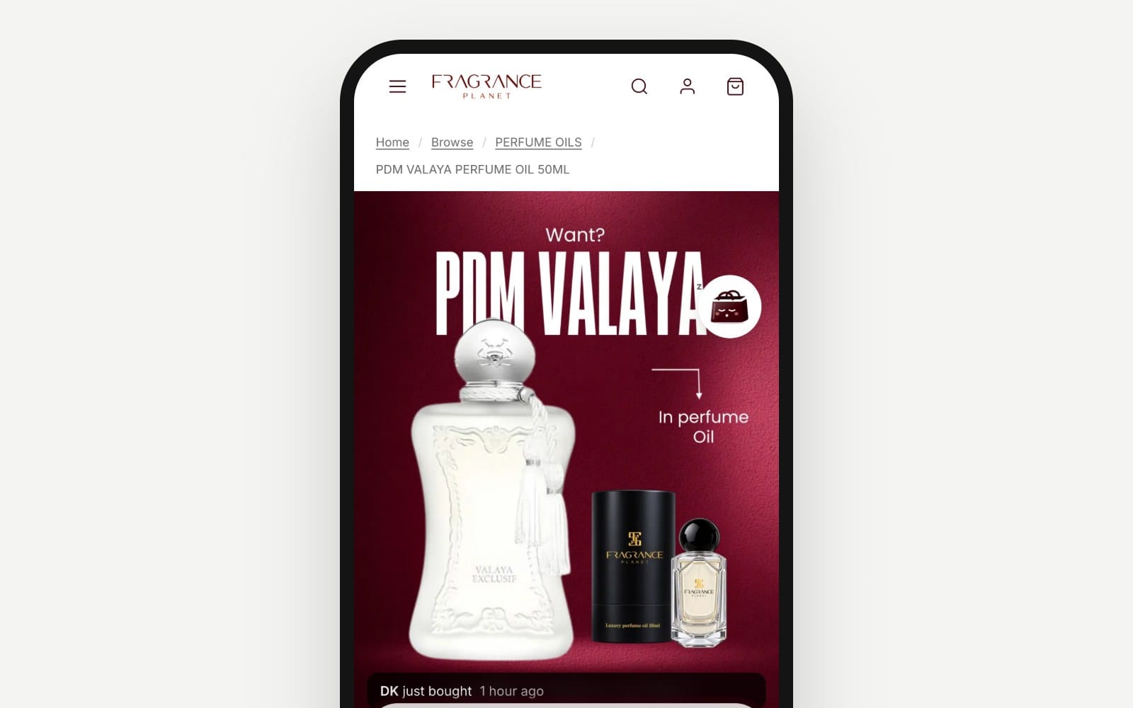 A Fragrance Planet product page on a phone, showing a recent purchase and the FP AI Assistant chat bar
