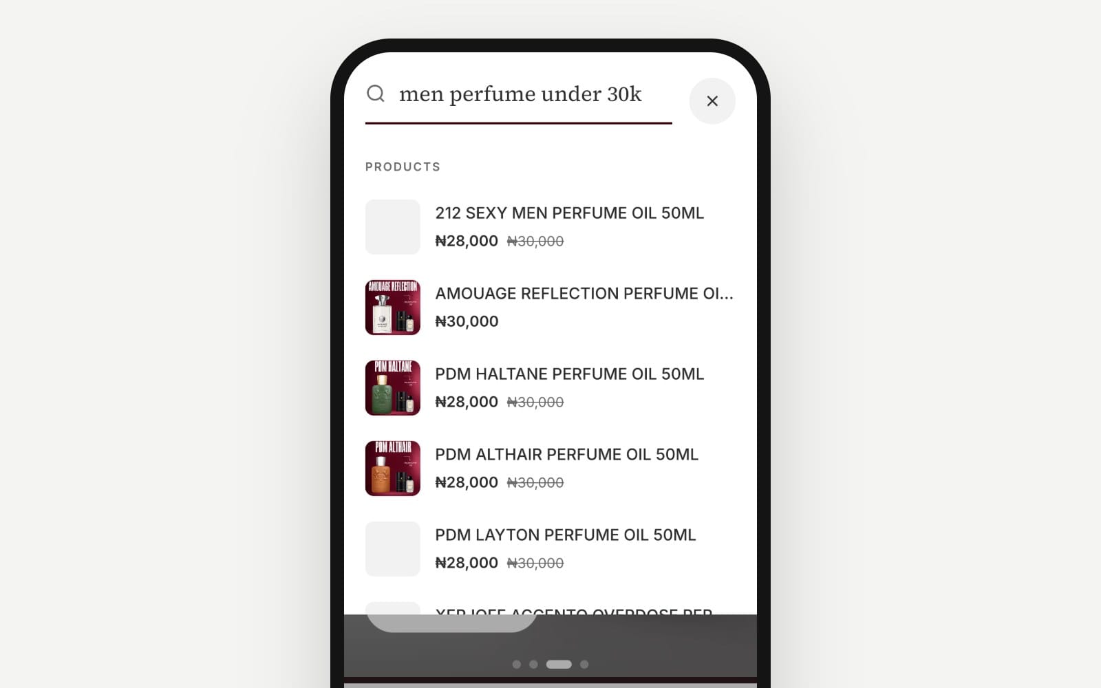 Searching men perfume under 30k shows men's perfumes priced at 30,000 naira or less