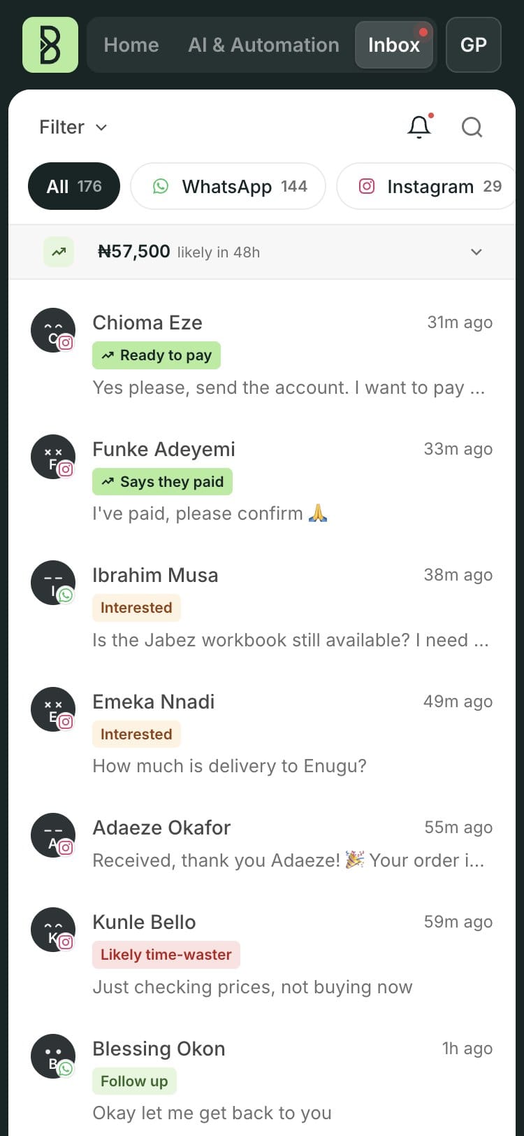 The Bizthom Inbox with chats marked Ready to pay, Says they paid, Interested, Likely time-waster and Follow up