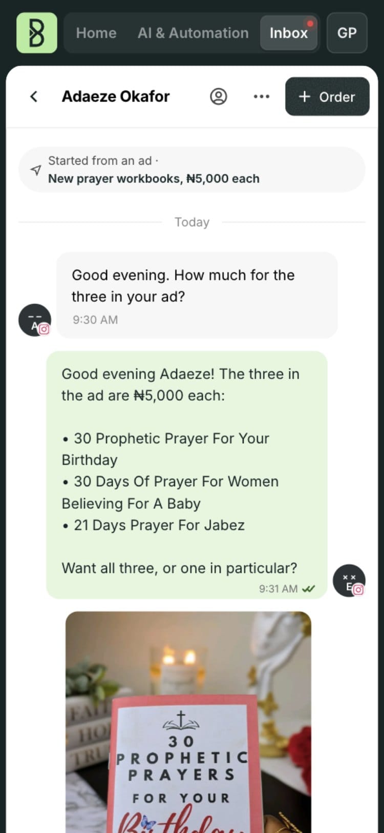 Ejiro answering “How much for the three in your ad?” in an Instagram DM