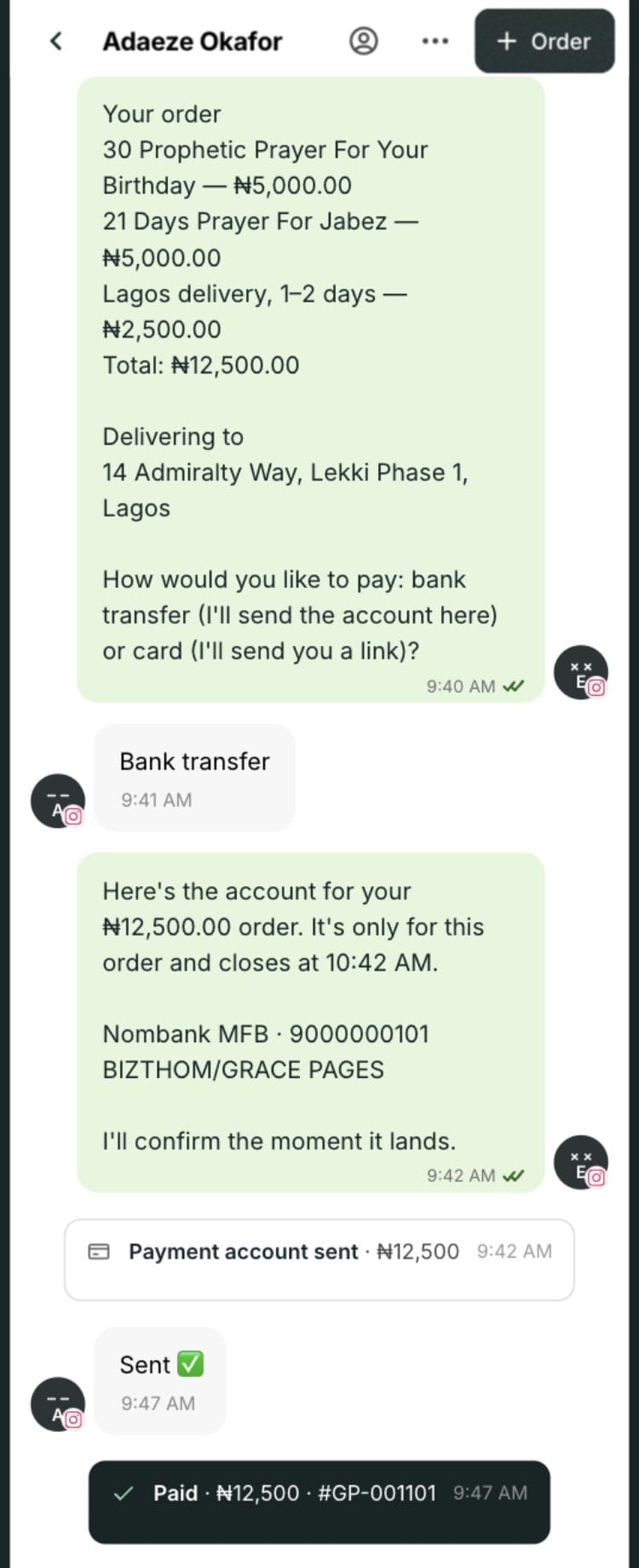 Ejiro sends the order summary with Lagos delivery, an account for that order only, and the chat shows Paid