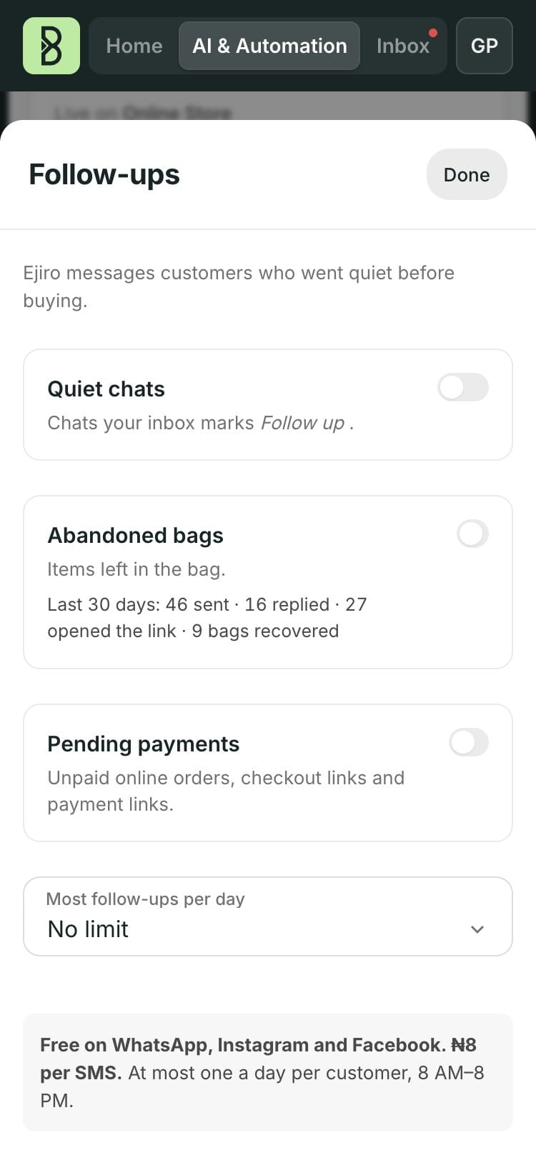 Ejiro follow-up settings for quiet chats, abandoned bags and pending payments