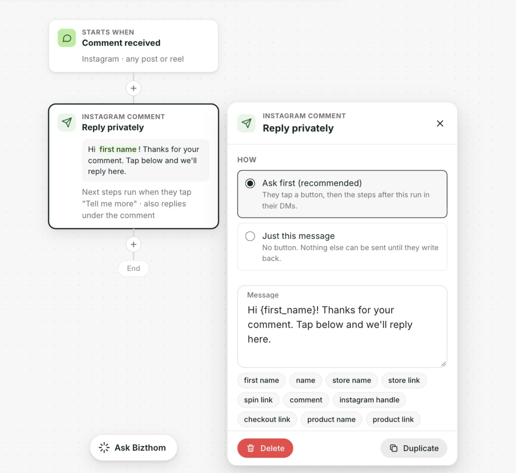 An automation that replies privately to Instagram comments