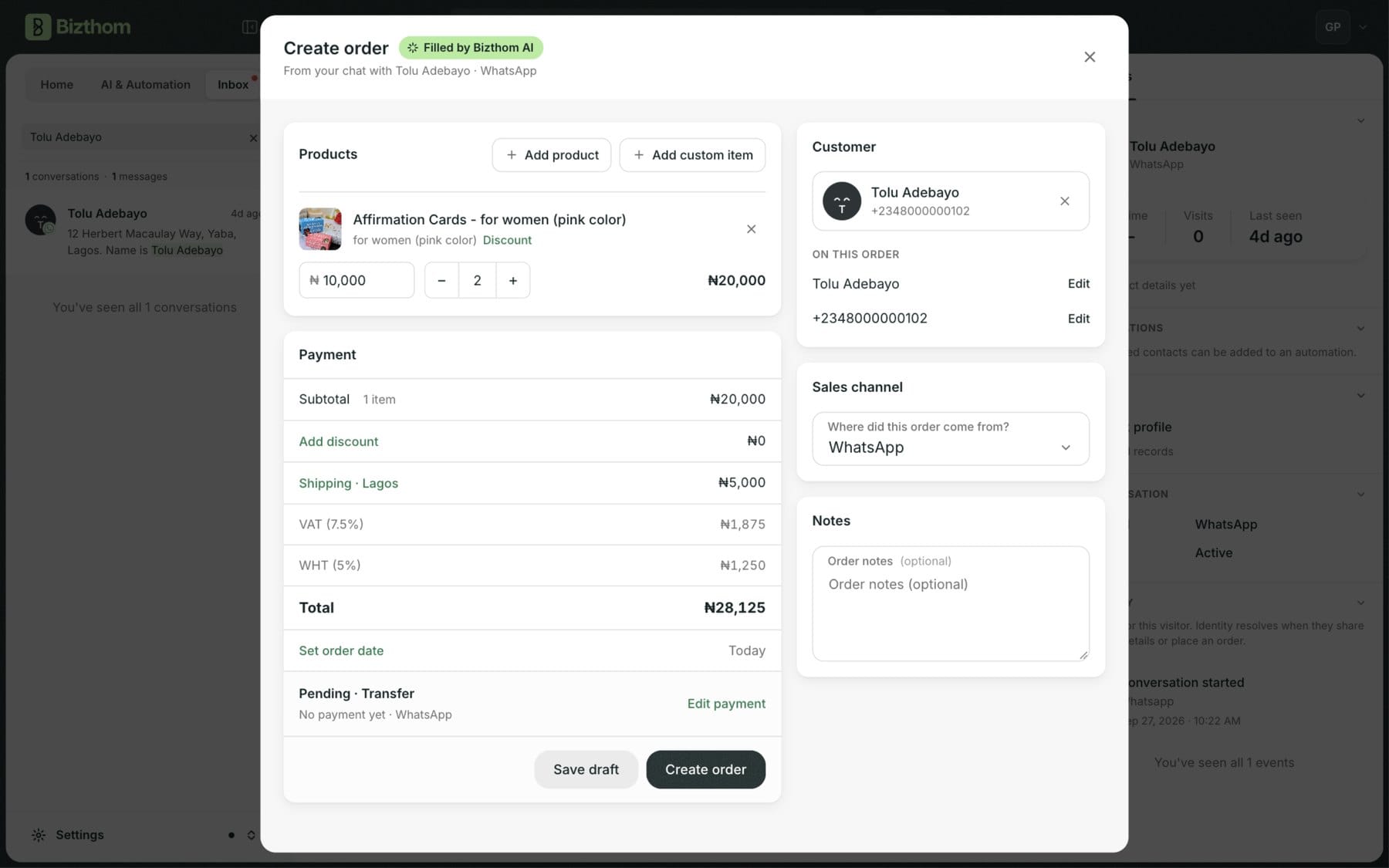 Create order filled in by Bizthom AI from a WhatsApp chat