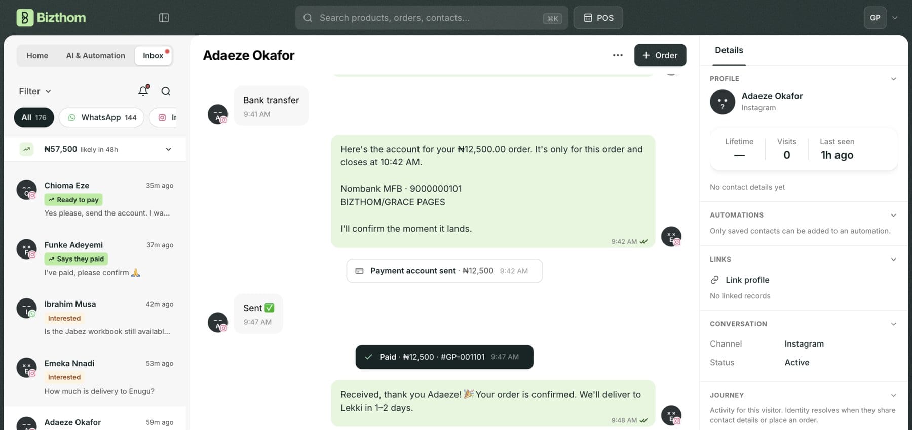 The Bizthom Inbox on desktop: a chat list marked by buying stage, an Instagram chat ending in Paid, and the customer’s details