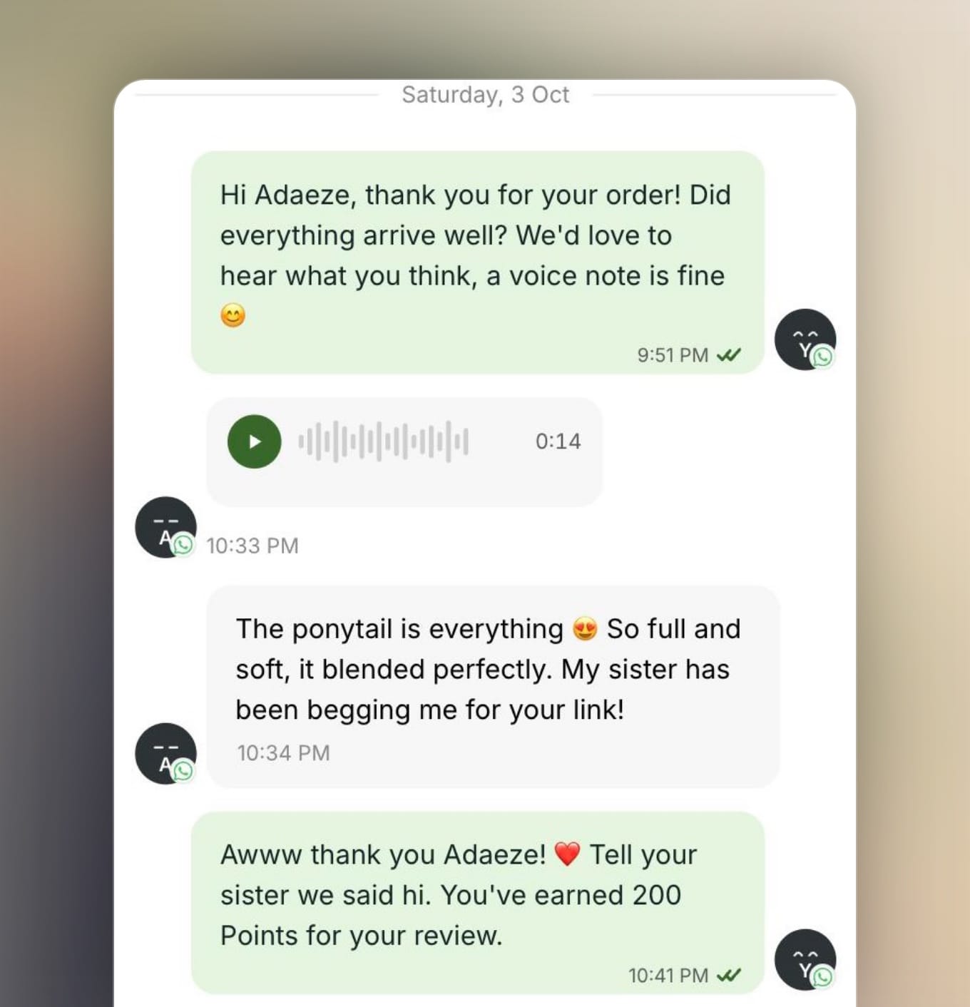 A customer replies to the feedback request with a voice note and praise, and earns 200 points