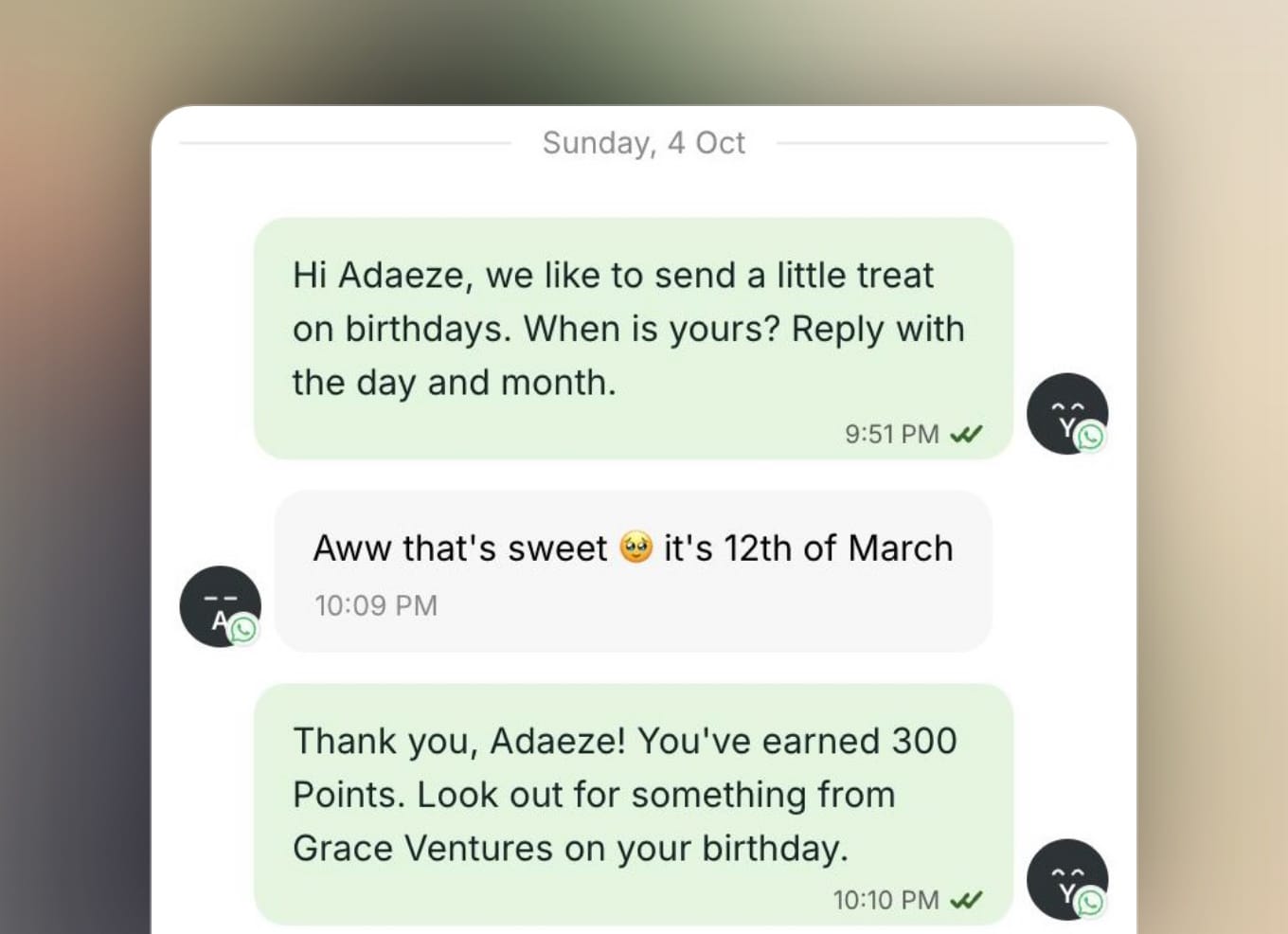 A customer replies "it's 12th of March" on WhatsApp and earns 300 points