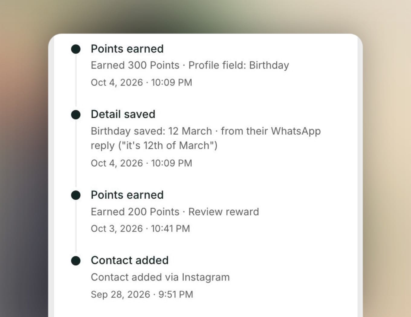 Her Bizthom journey: Birthday saved: 12 March, from their WhatsApp reply, and 300 points earned