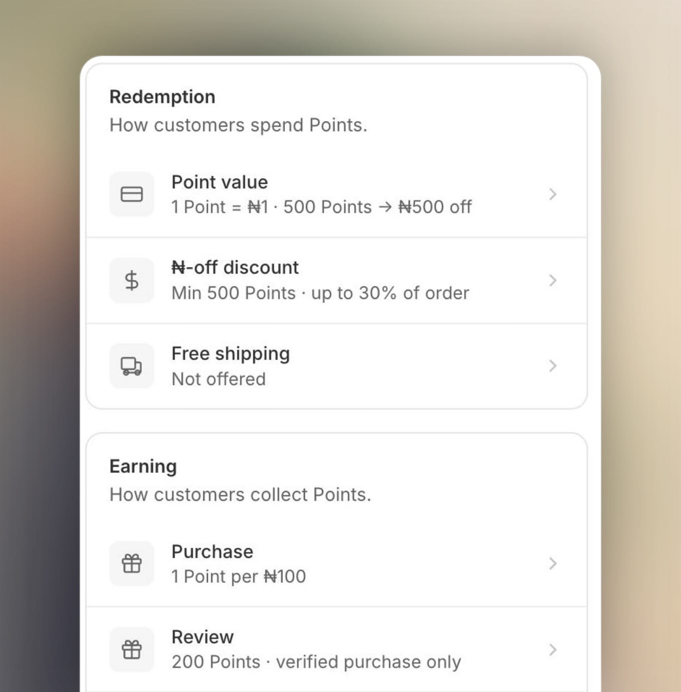 Bizthom loyalty settings: 1 point is ₦1, 500 points take ₦500 off, 1 point per ₦100 spent, 200 points for a review