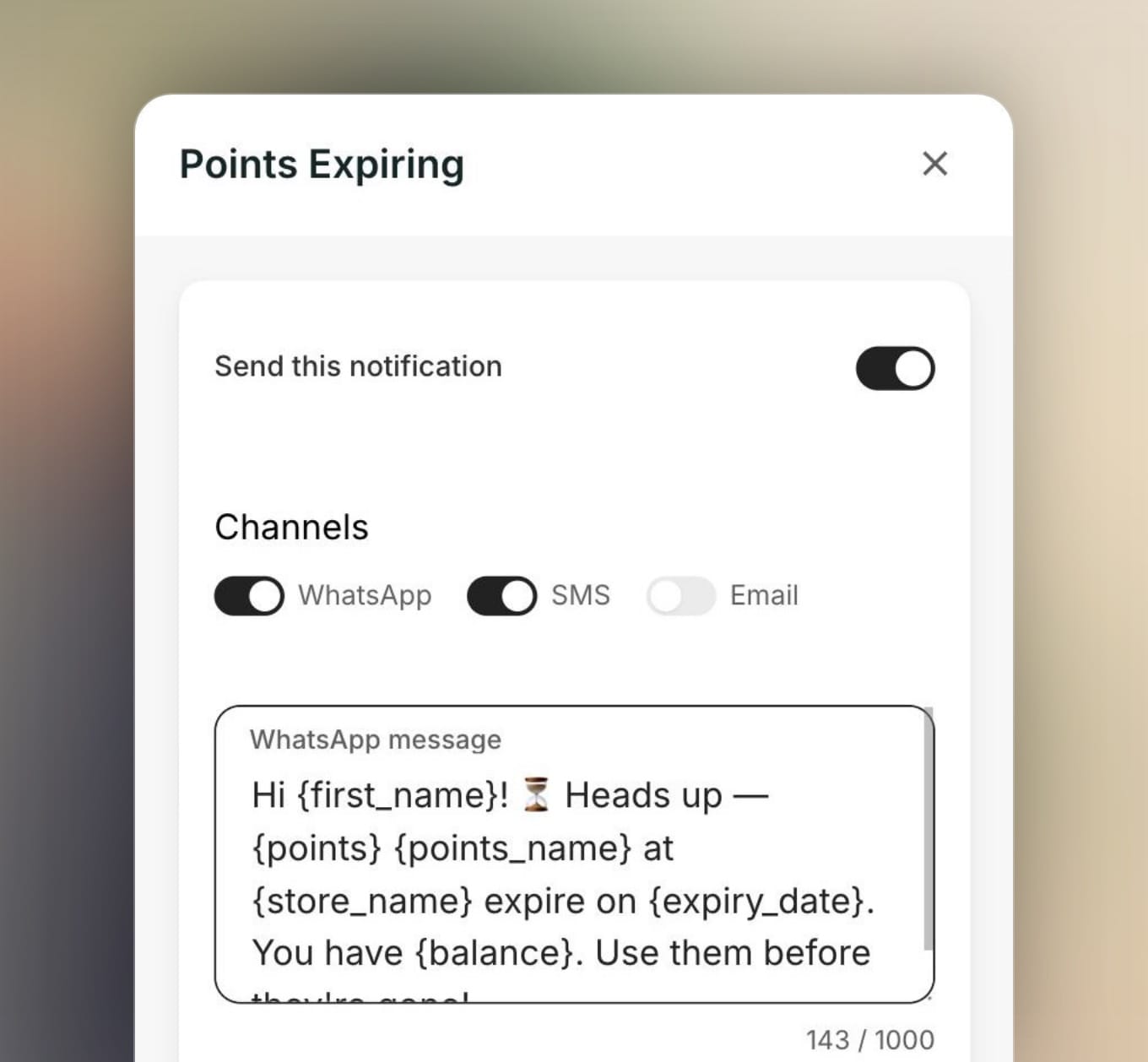 The Points Expiring reminder in Bizthom, sent on WhatsApp and SMS