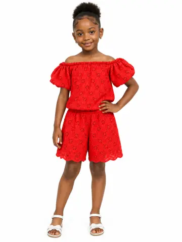 Girls Broderie playsuit Red